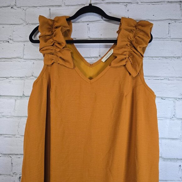 ENTRO RUFFLED SHOULDER SLEEVELESS DRESS, LINED, PUMPKIN COLOR WOMENS SIZE XL - Picture 3 of 6